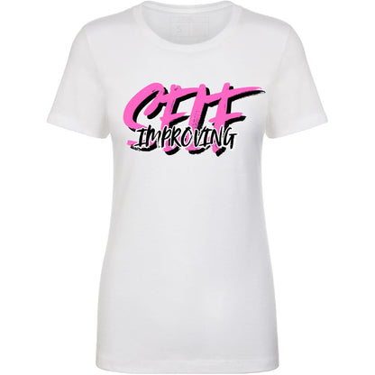 White t-shirt with pink and black 'Self Improving' text.