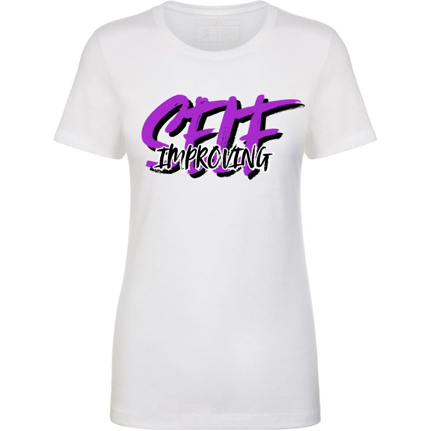 White t-shirt with purple and black 'Self Improving' text.