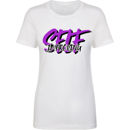 White t-shirt with purple and black 'Self Improving' text.