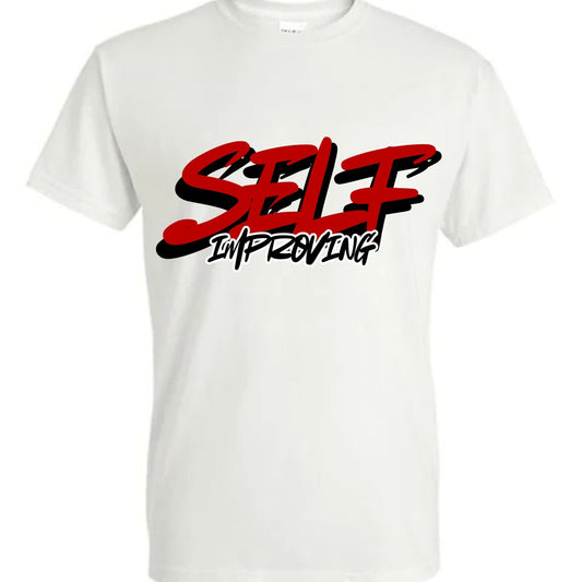 White t-shirt with red and black 'Self Improving' text.