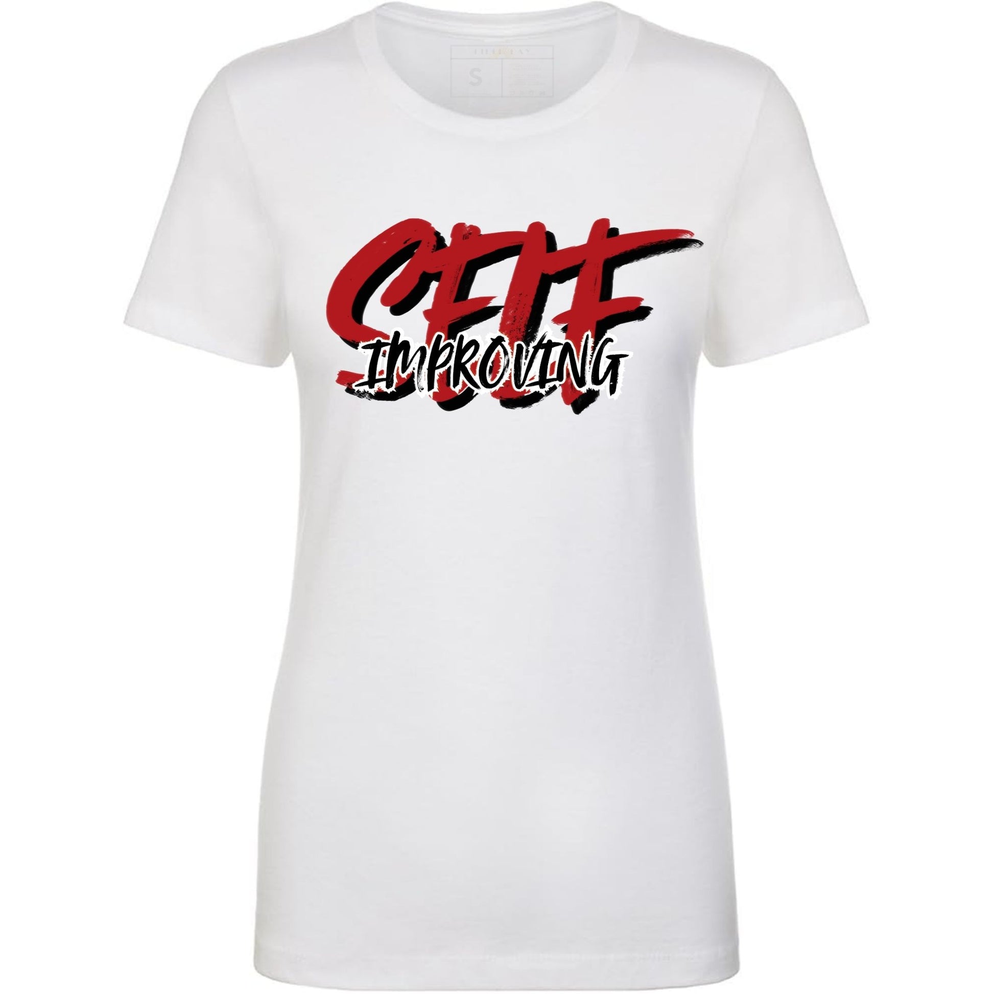 White t-shirt with red and black 'Self Improving' text.