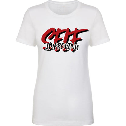 White t-shirt with red and black 'Self Improving' text.