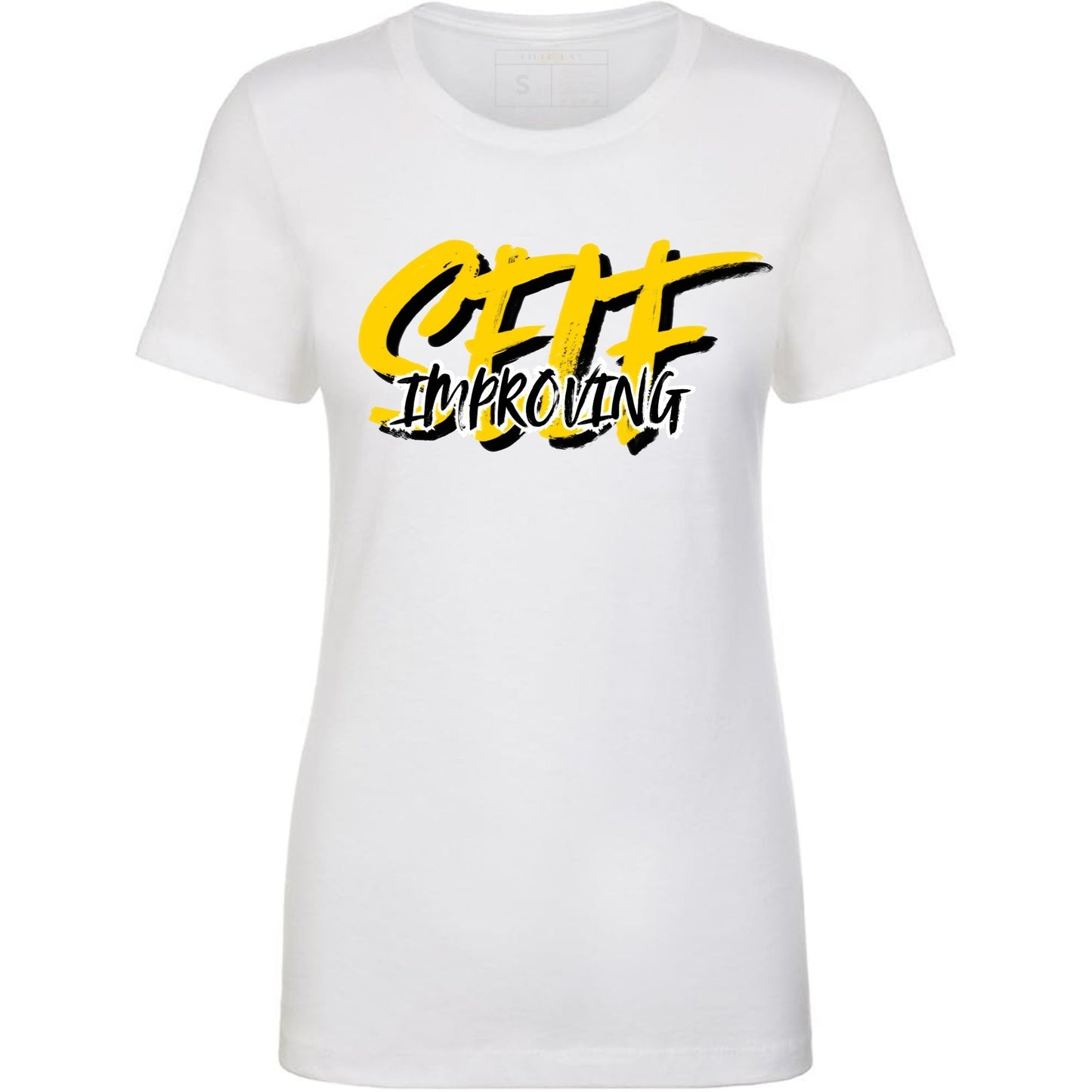 White t-shirt with yellow and black 'Self Improving' text.