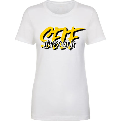 White t-shirt with yellow and black 'Self Improving' text.