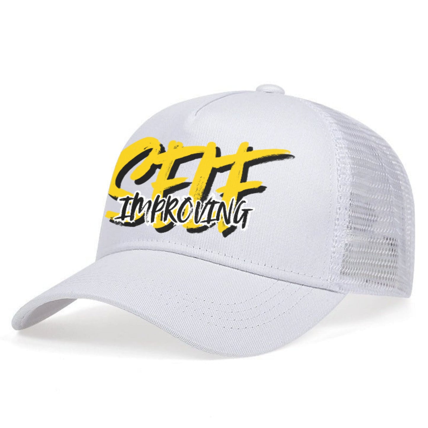 White cap with yellow and black text 'Self Improving'