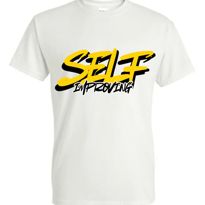 White t-shirt with yellow and black 'Self Improving' text.