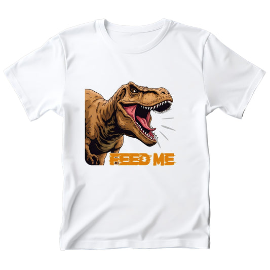 White t-shirt with a dinosaur graphic and 'FEED ME' text.