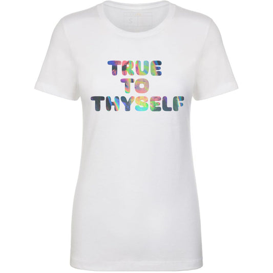 White t-shirt with 'TRUE TO THYSELF' text in colorful letters.