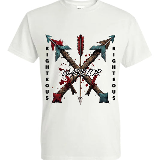 White t-shirt with crossed arrows design and 'Righteous Warrior' text.