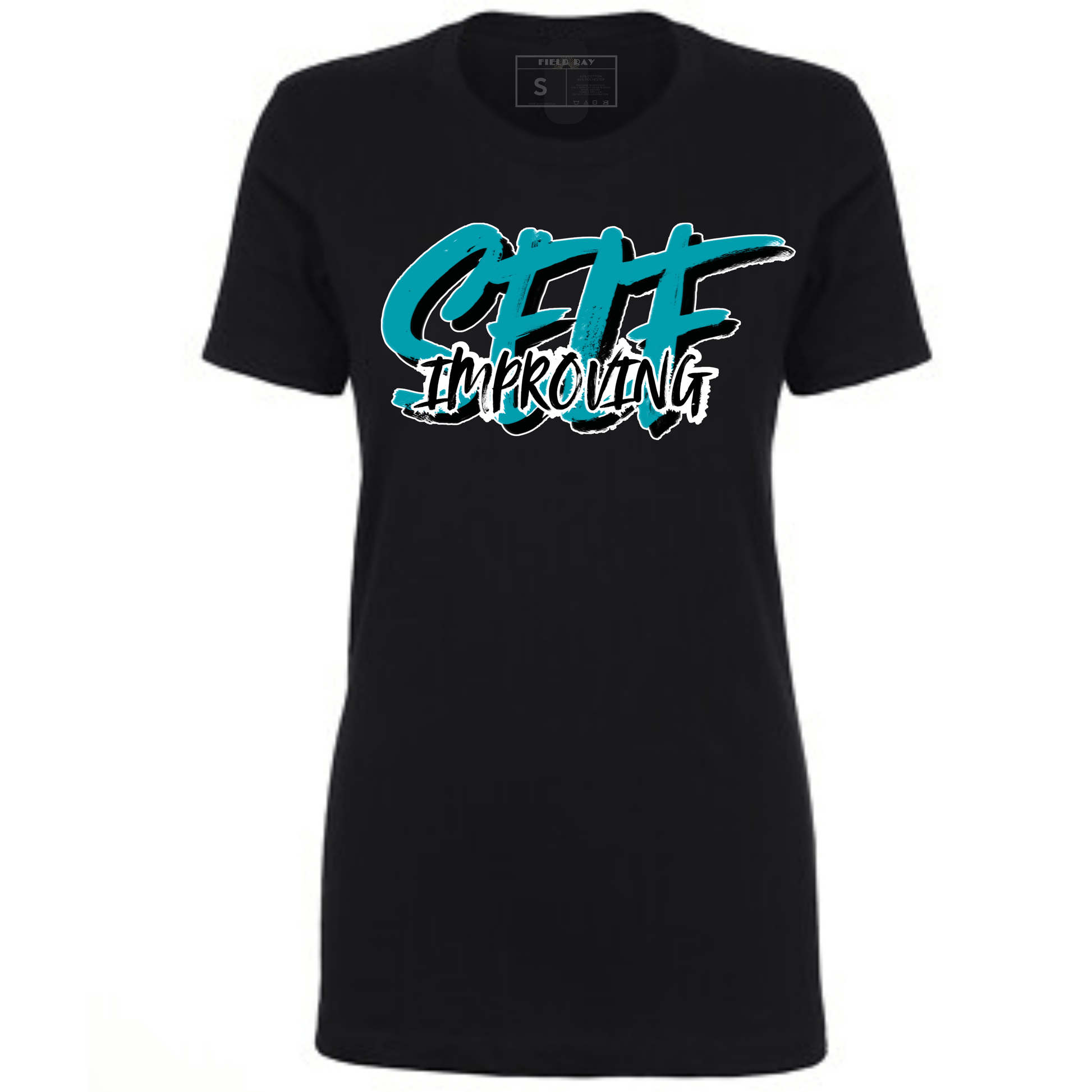 Black t-shirt with blue and white 'Self Improving' text.
