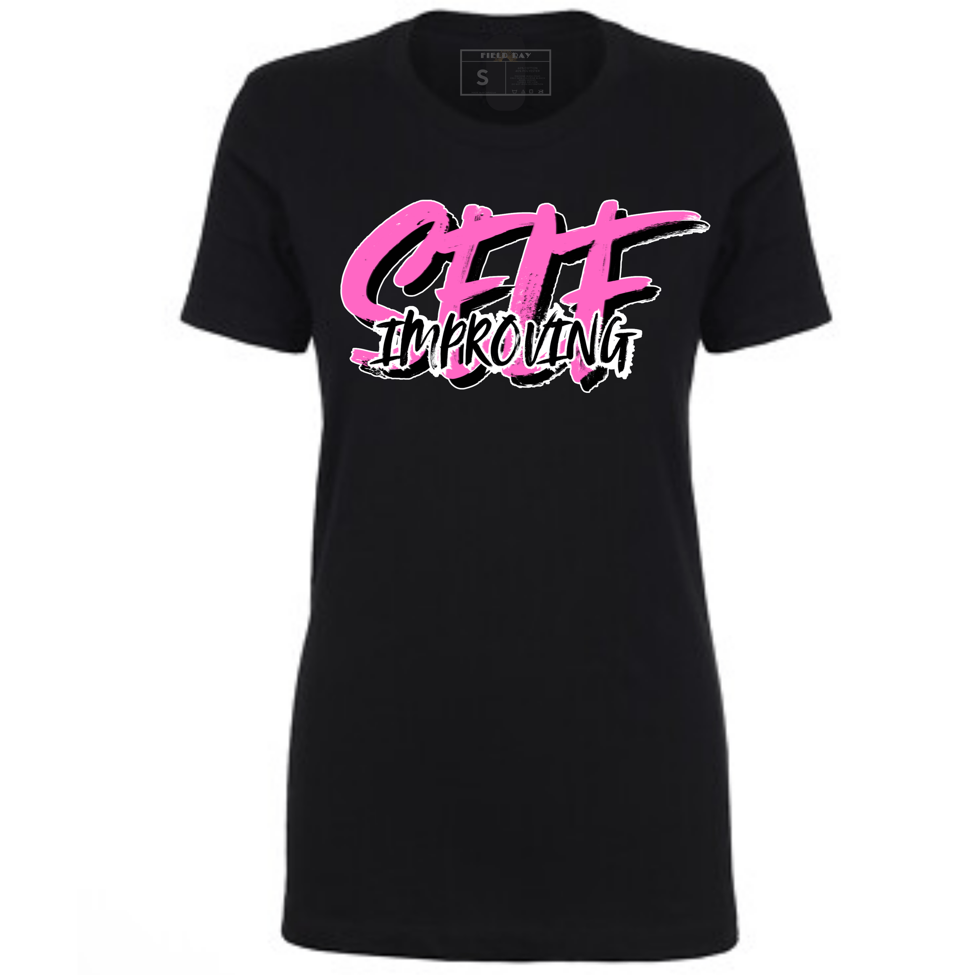 Black t-shirt with pink and white 'Self Improving' text.