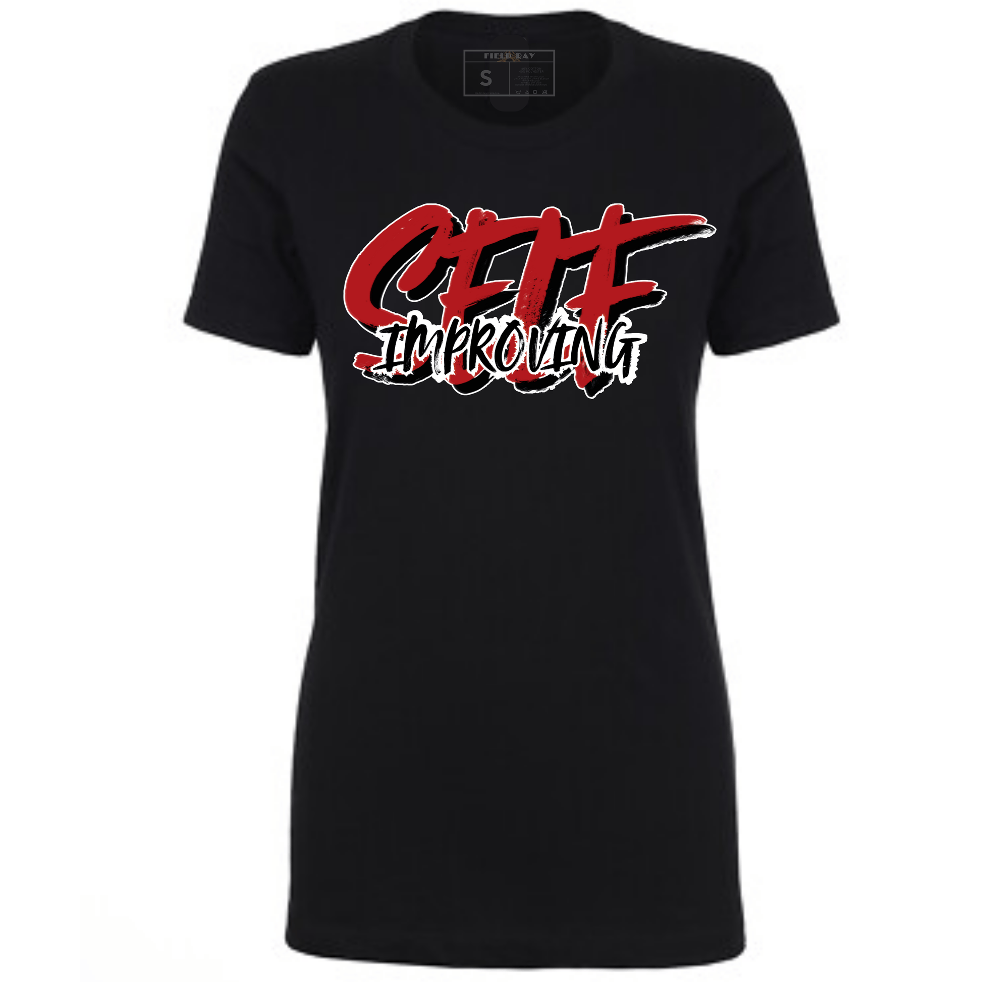 Black t-shirt with red and white 'Self Improving' text.