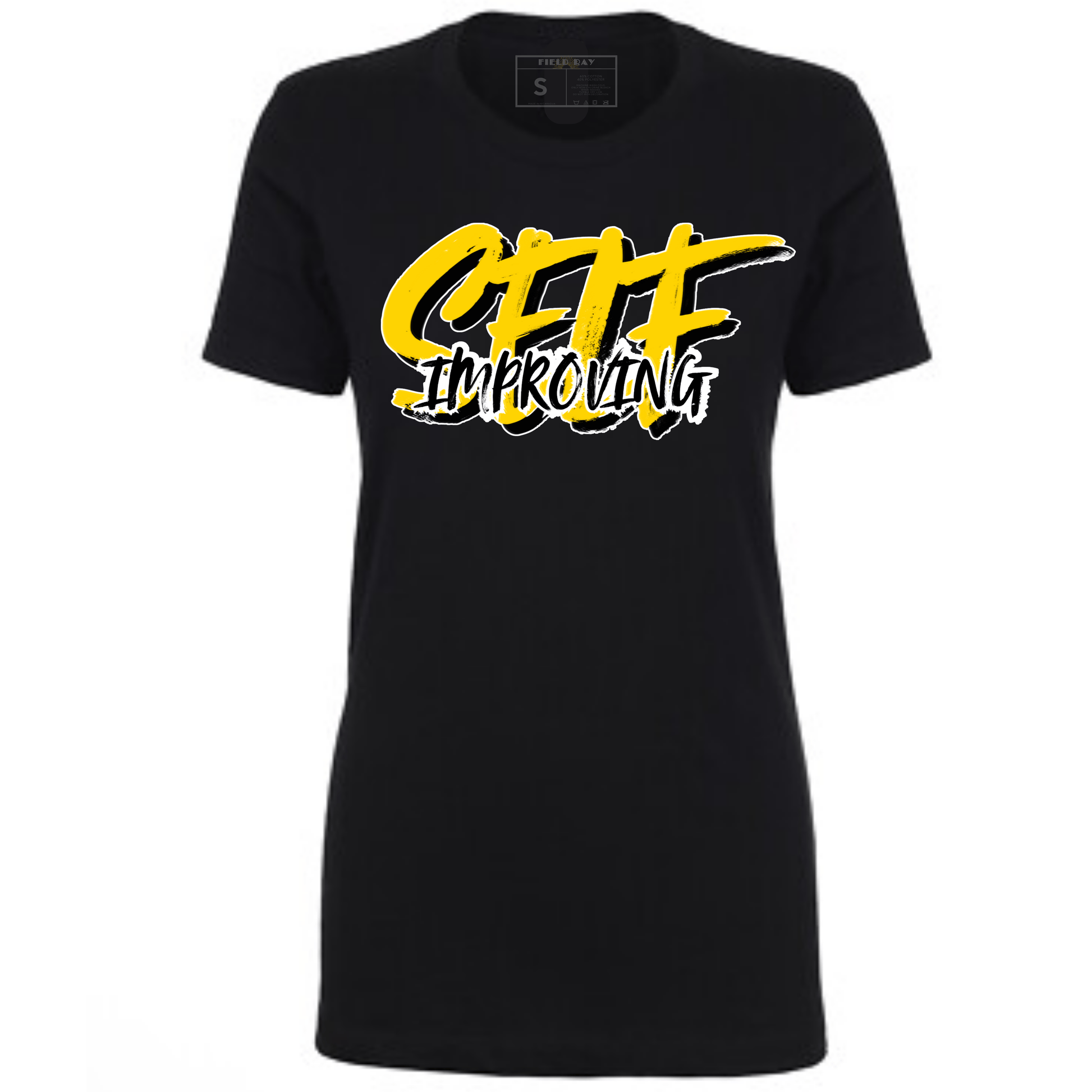 Black t-shirt with yellow and white 'Self Improving' text.